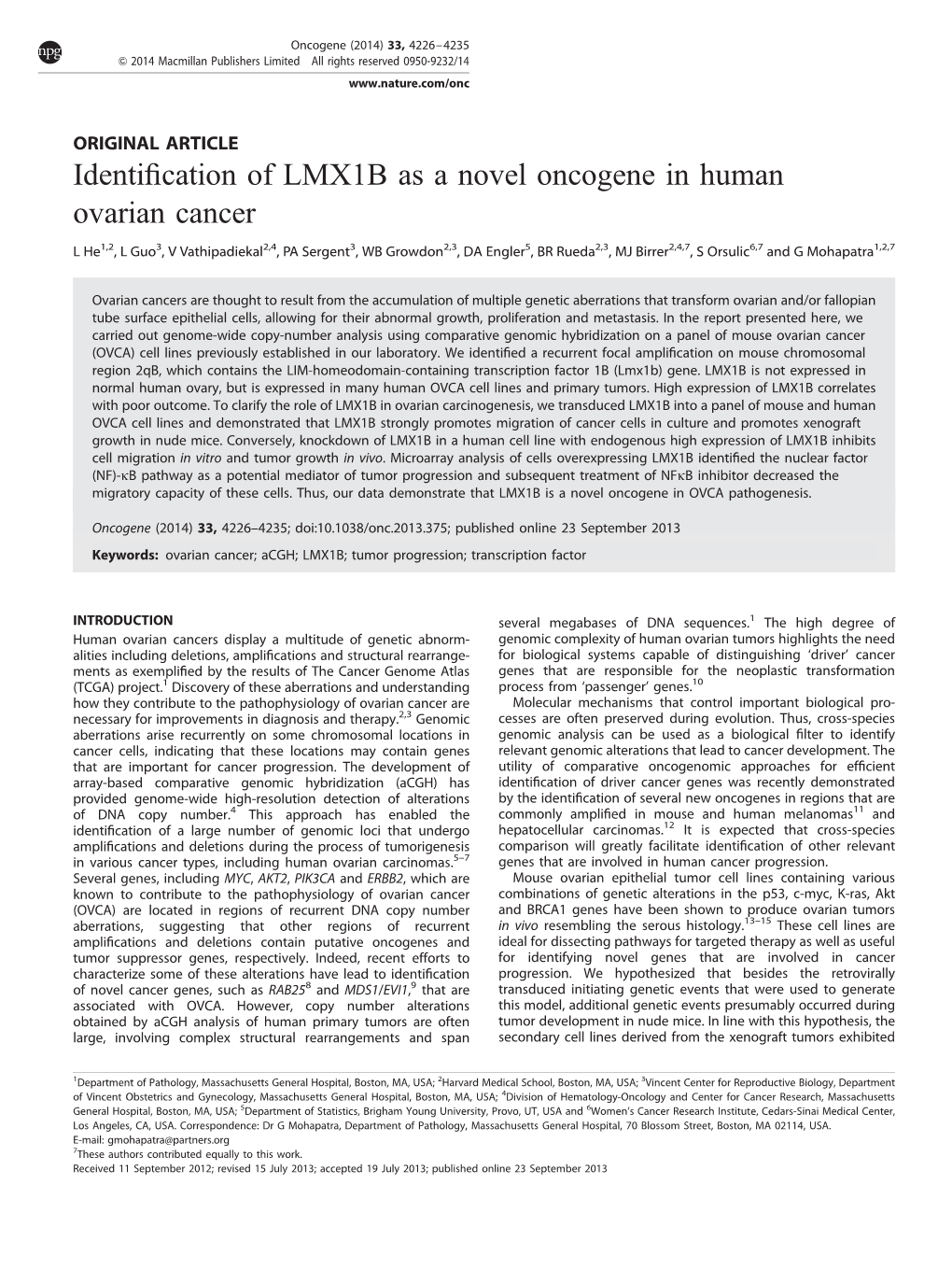 Identification of LMX1B As a Novel Oncogene in Human Ovarian Cancer