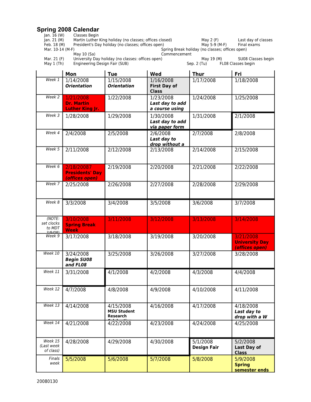 Spring 2008 Calendar