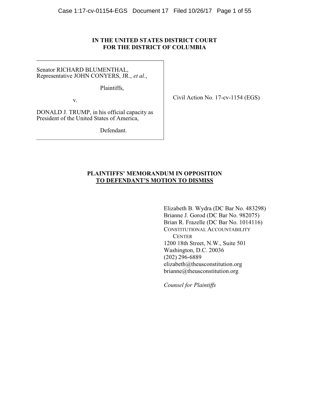 Our Brief Opposing the President's Motion to Dismiss