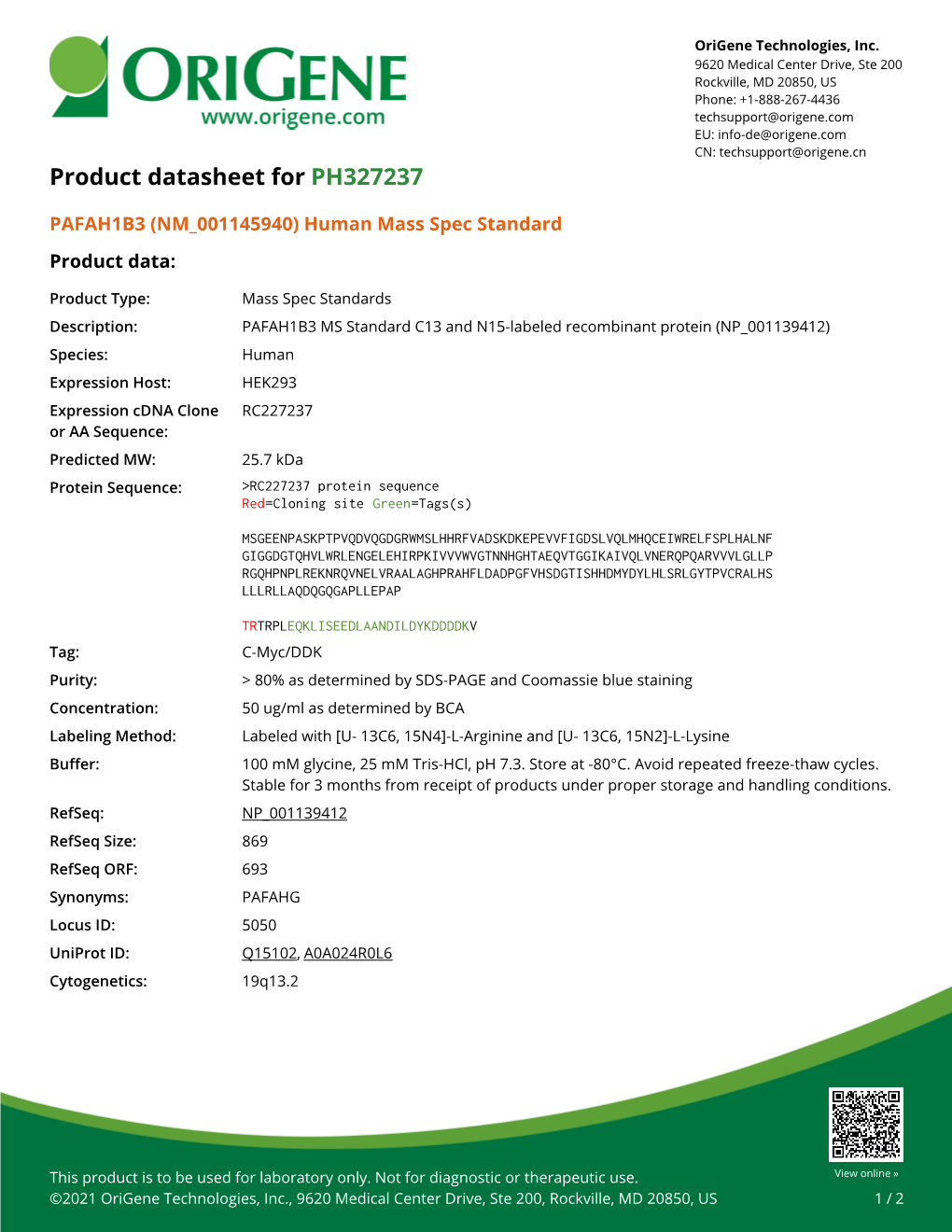 PAFAH1B3 (NM 001145940) Human Mass Spec Standard Product Data