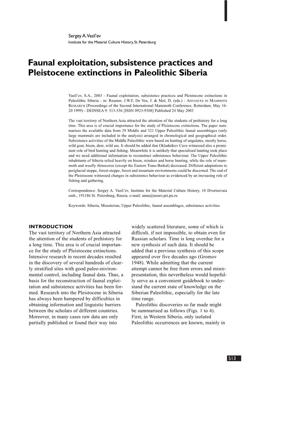 Faunal Exploitation, Subsistence Practices and Pleistocene Extinctions in Paleolithic Siberia
