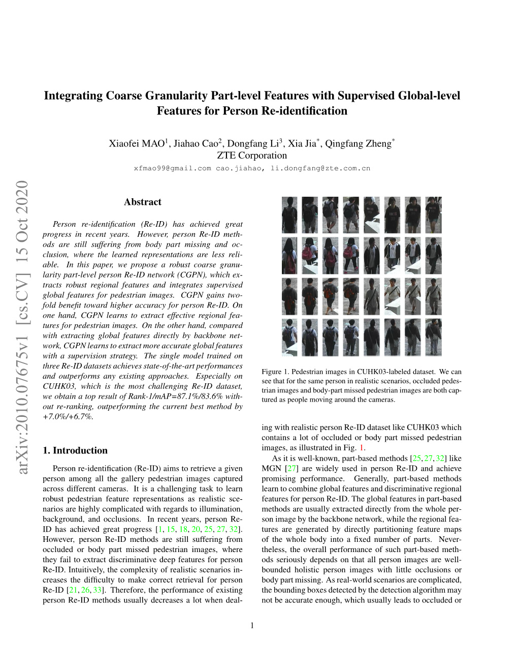 Integrating Coarse Granularity Part-Level Features with Supervised Global-Level Features for Person Re-Identiﬁcation