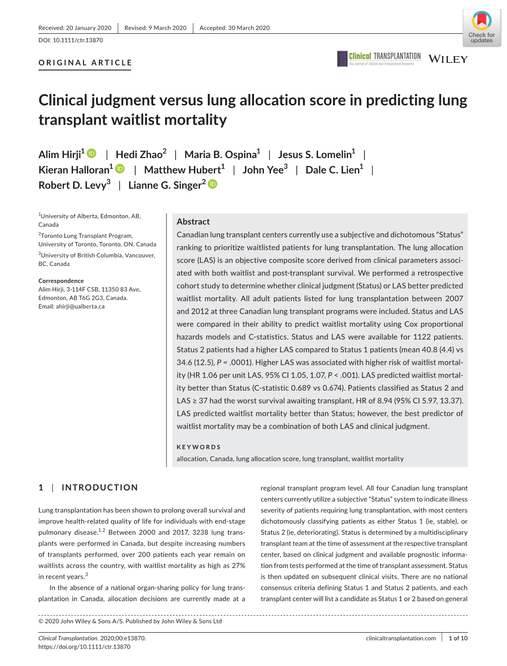 Clinical Judgment Versus Lung Allocation Score in Predicting Lung Transplant Waitlist Mortality