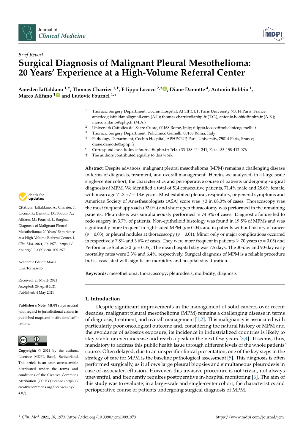 Surgical Diagnosis of Malignant Pleural Mesothelioma: 20 Years’ Experience at a High-Volume Referral Center