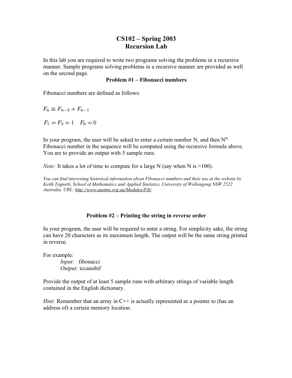 Problem #1 Fibonacci Numbers