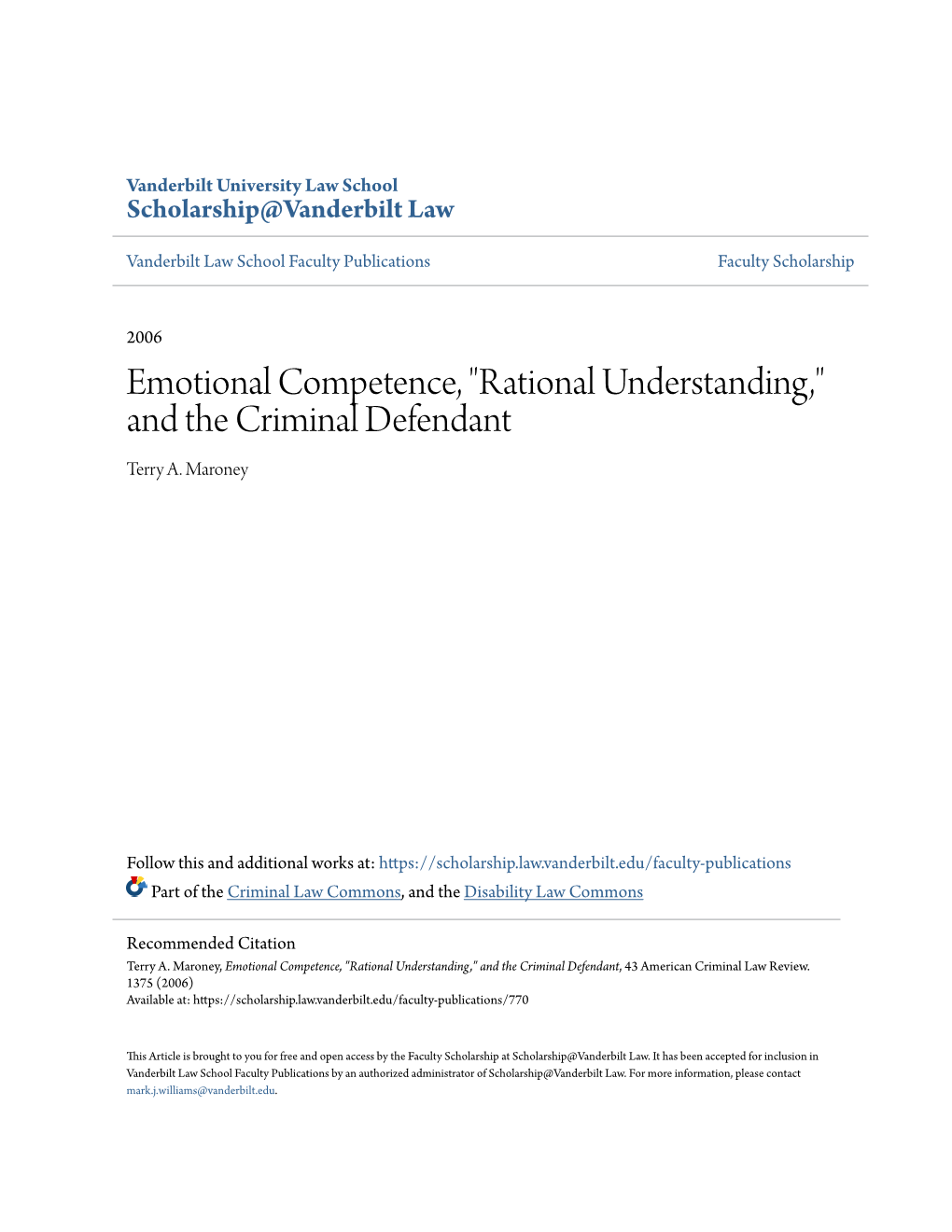 Emotional Competence, "Rational Understanding," and the Criminal Defendant Terry A