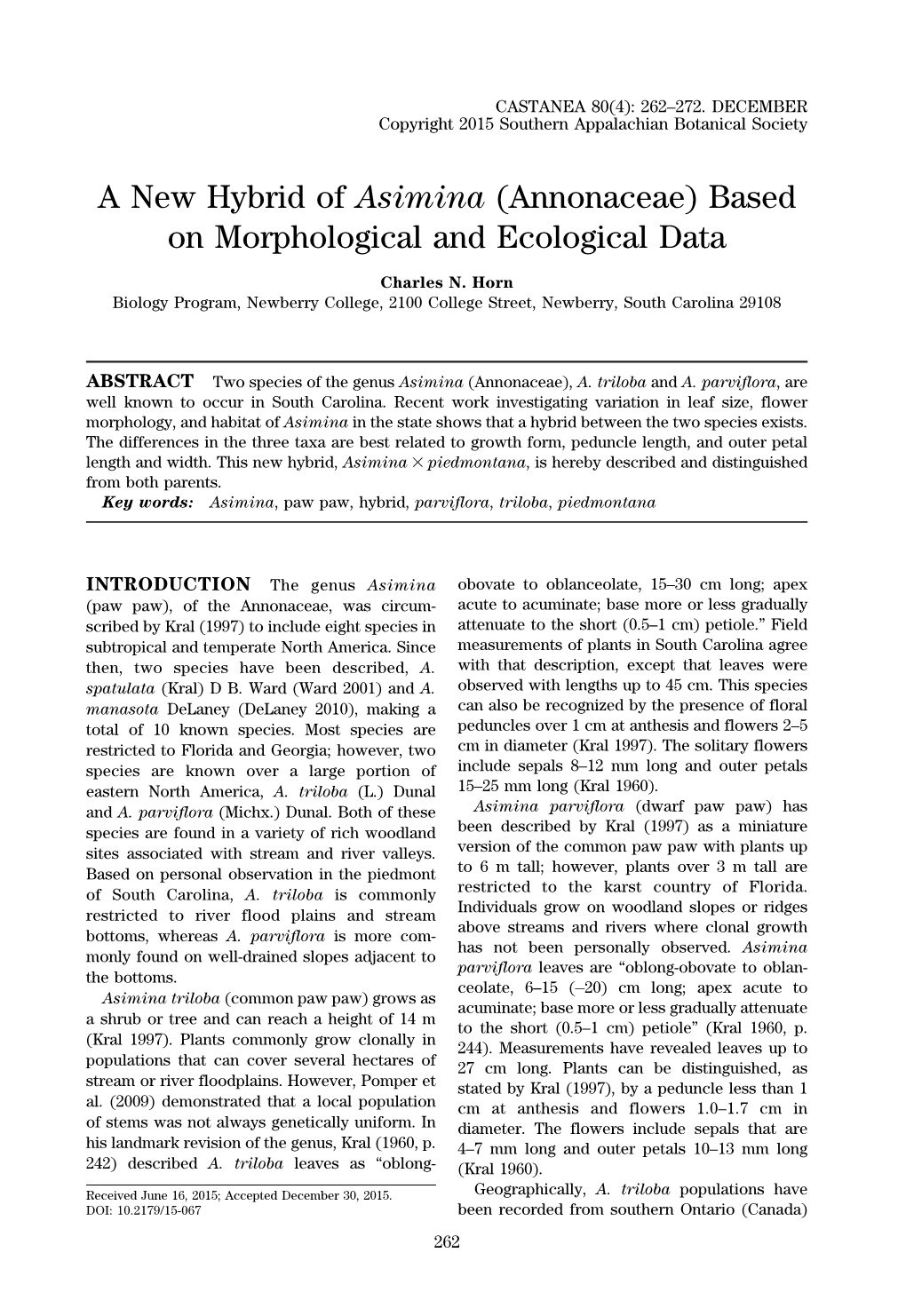 A New Hybrid of Asimina (Annonaceae) Based on Morphological and Ecological Data