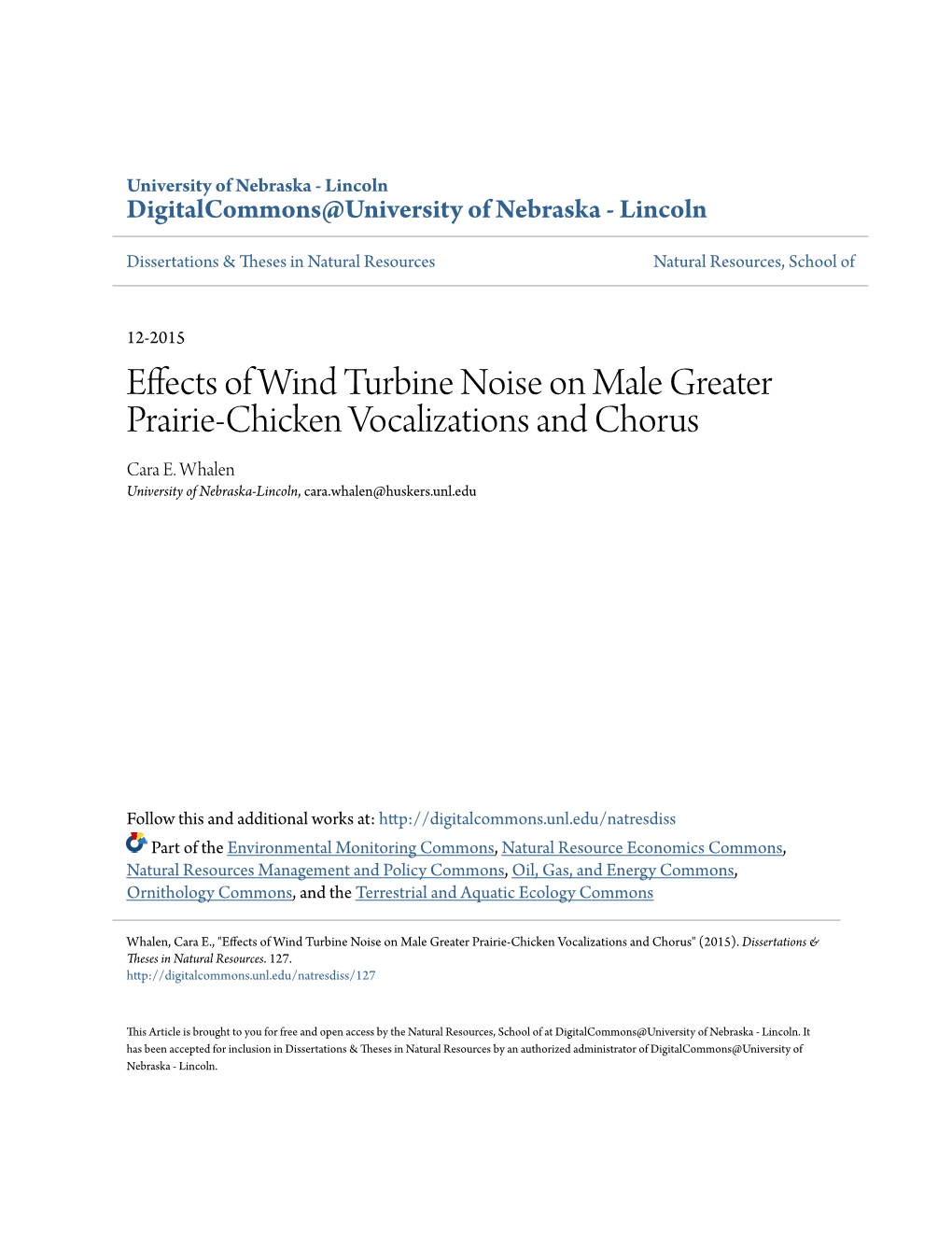 Effects of Wind Turbine Noise on Male Greater Prairie-Chicken Vocalizations and Chorus Cara E