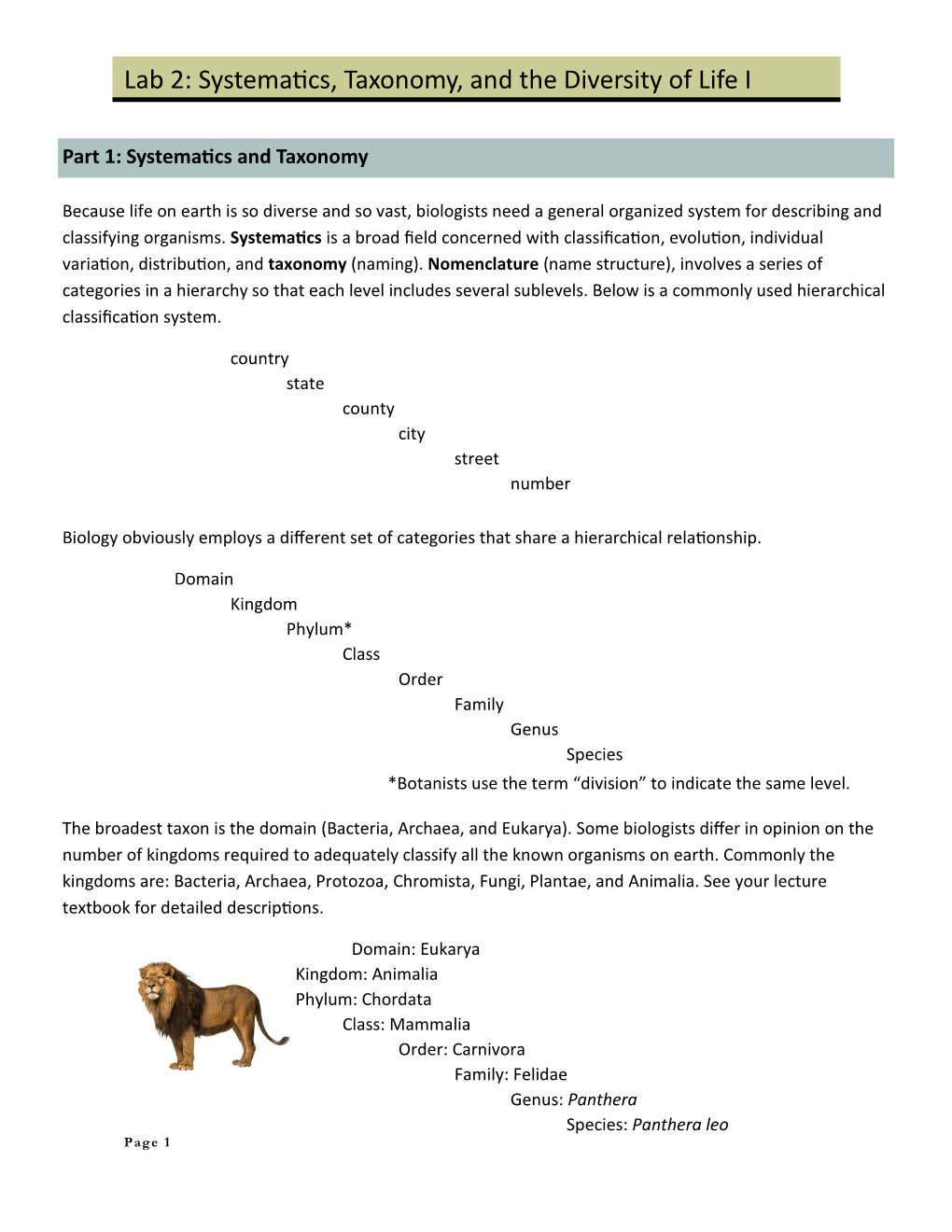 Lab 2: Systematics, Taxonomy, and the Diversity of Life I