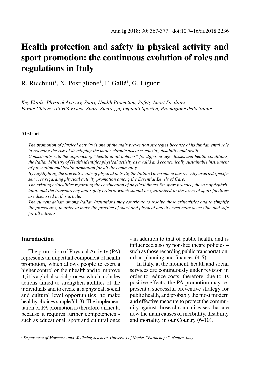 Health Protection and Safety in Physical Activity and Sport Promotion: the Continuous Evolution of Roles and Regulations in Italy