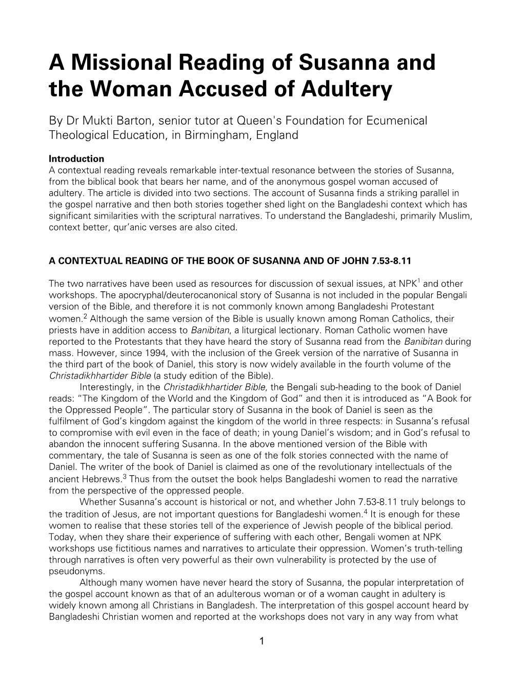 A Missional Reading of Susanna and the Woman Accused of Adultery