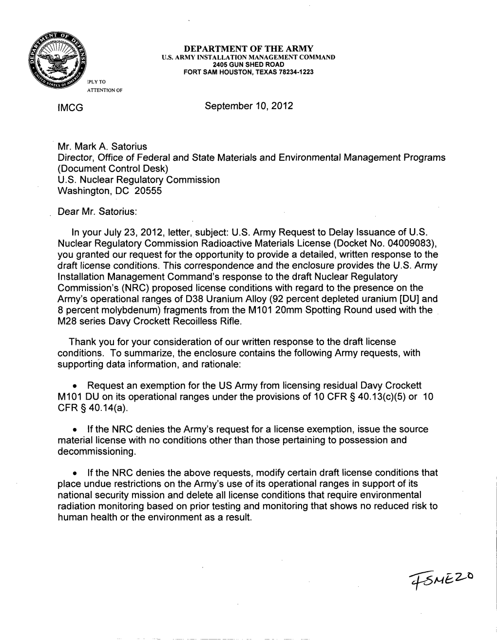 Letter from Michael Ferriter to Mark A. Satorius Regarding Additional