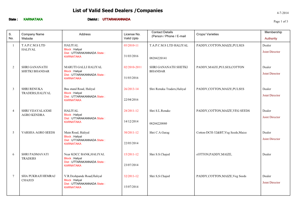 List of Valid Seed Dealers /Companies 4-7-2014
