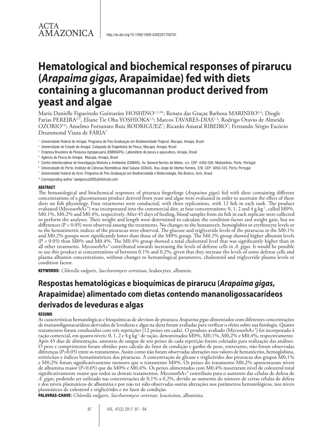 Hematological and Biochemical Responses of Pirarucu (Arapaima