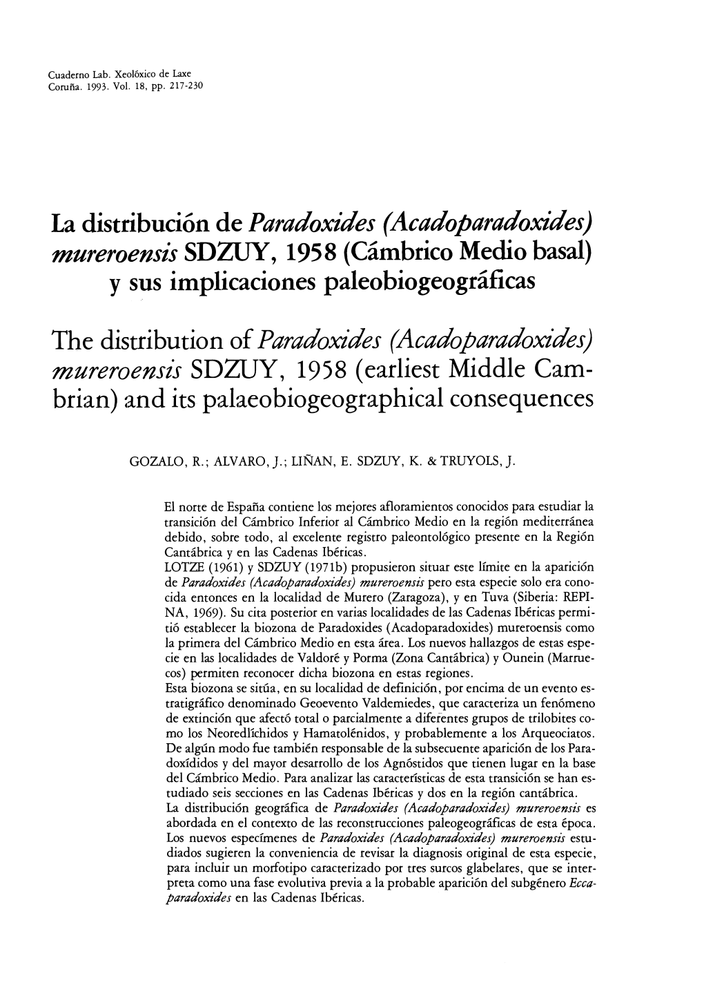 La Distribución De Paradoxides (Acadoparadoxides) Mureroensis SDWY, 1958 (Cámbrico Medio Basal) Y Sus Implicaciones Paleobiogeográficas