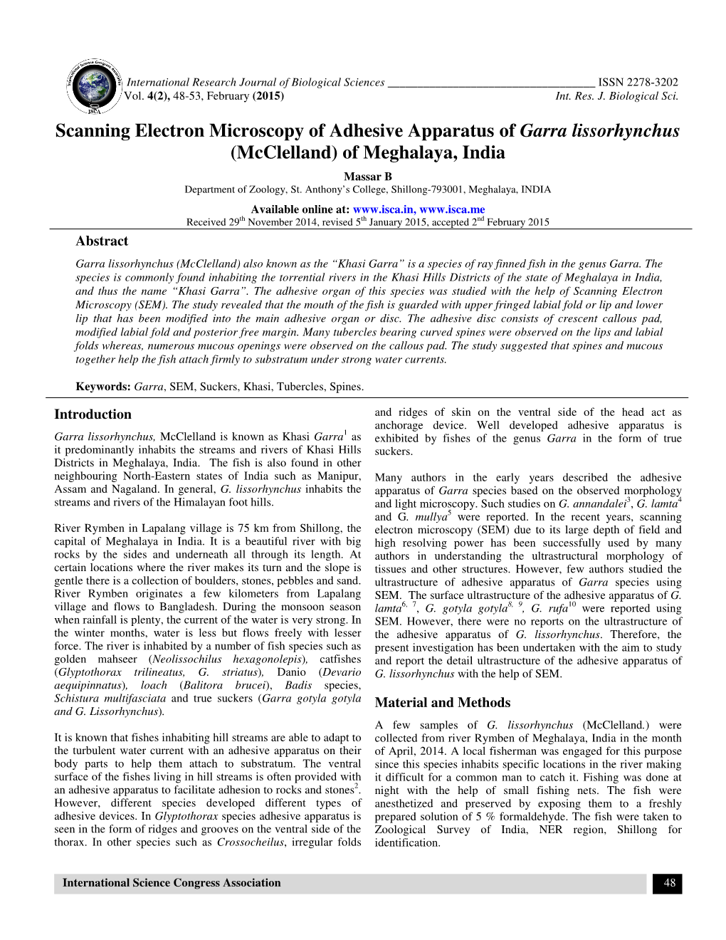 Scanning Electron Microscopy of Adhesive Apparatus of Garra Lissorhynchus (Mcclelland) of Meghalaya, India