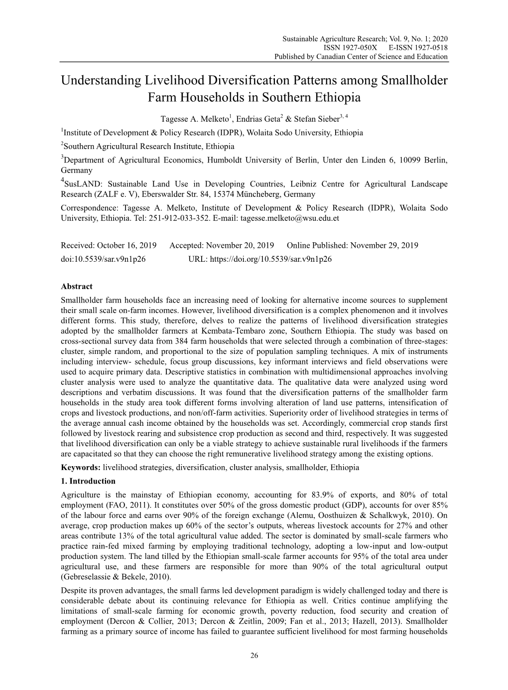 Understanding Livelihood Diversification Patterns Among Smallholder Farm Households in Southern Ethiopia