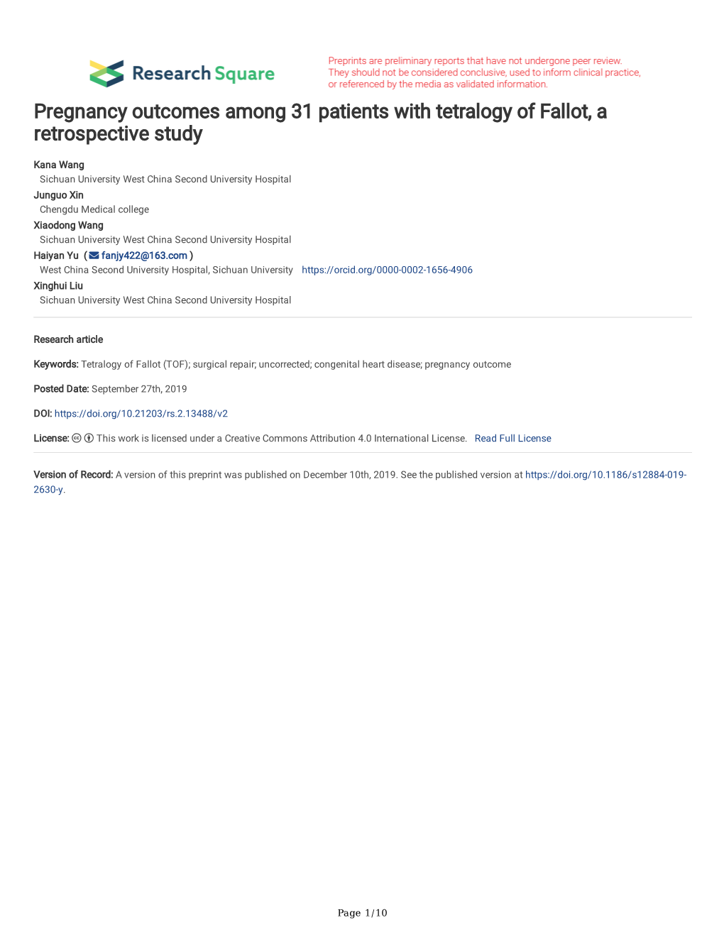 Pregnancy Outcomes Among 31 Patients with Tetralogy of Fallot, a Retrospective Study