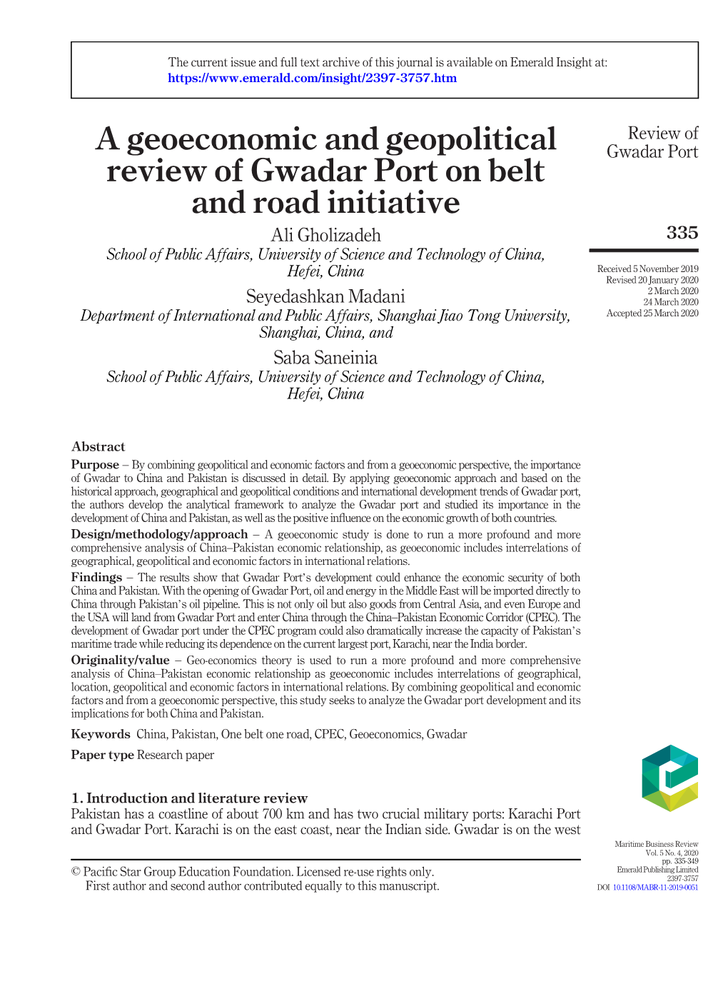 A Geoeconomic and Geopolitical Review of Gwadar Port on Belt And