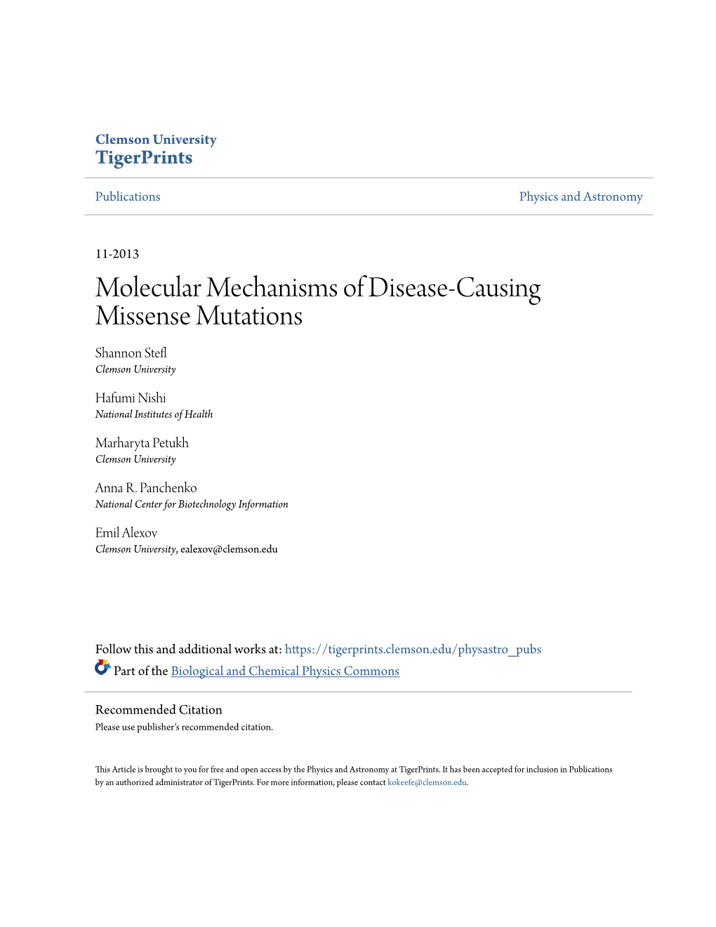 Molecular Mechanisms of Disease-Causing Missense Mutations Shannon Stefl Clemson University