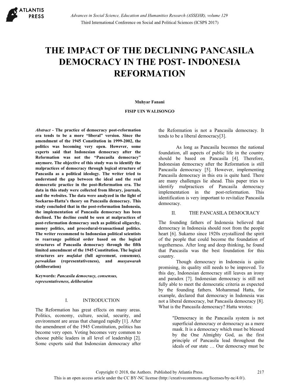 The Impact of the Declining Pancasila Democracy in the Post- Indonesia Reformation
