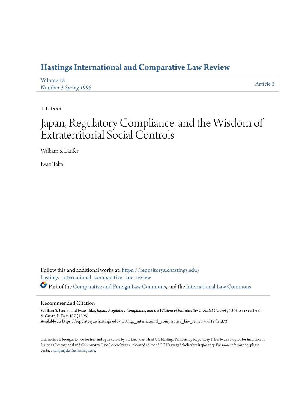 Japan, Regulatory Compliance, and the Wisdom of Extraterritorial Social Controls William S