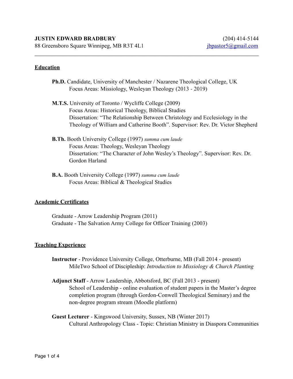 Justin Bradbury CV