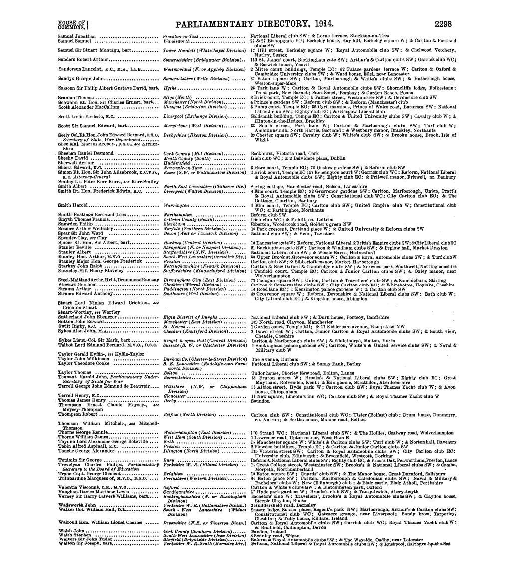 PARLIAMENTARY DIRECTORY, 19L4. 2298 Samuel Jonathan