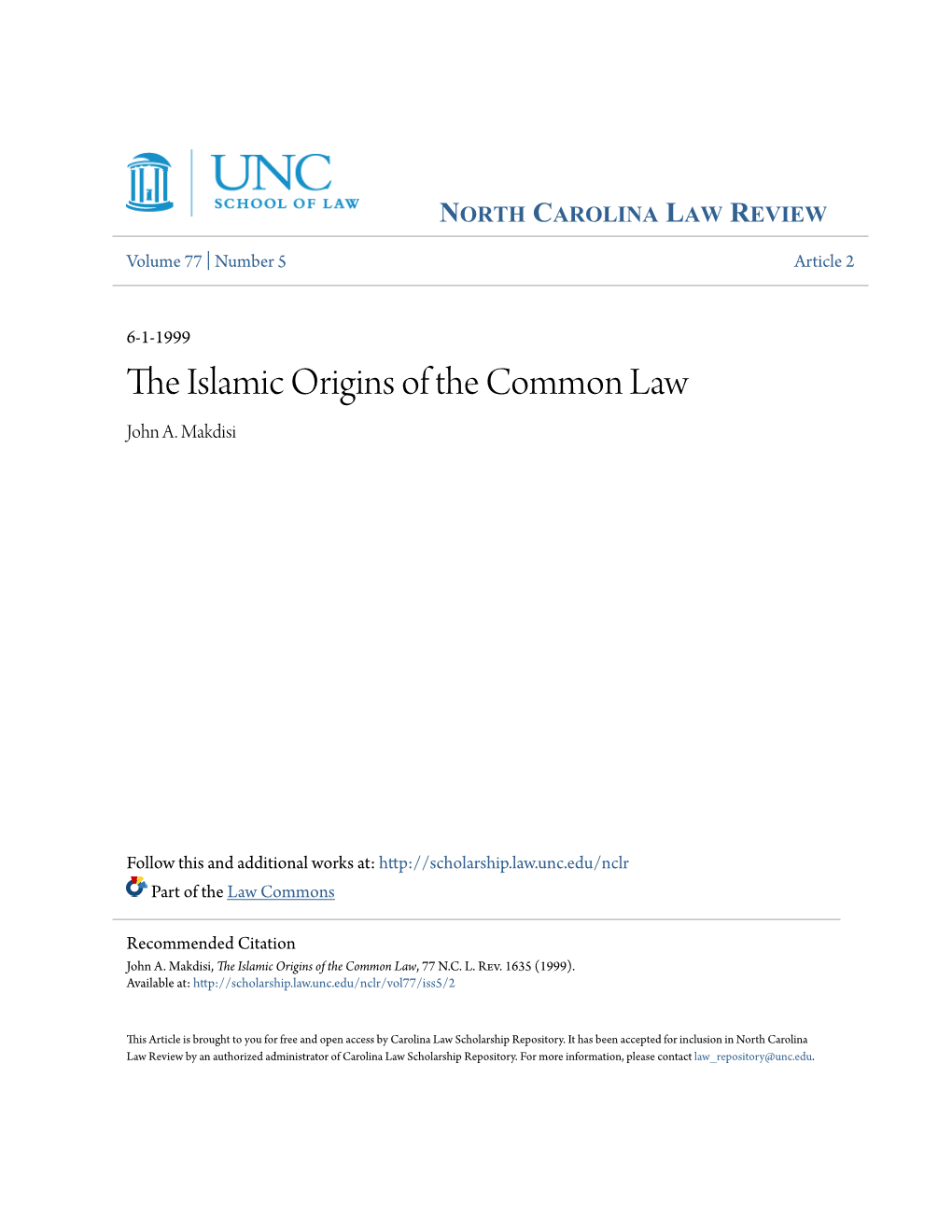 The Islamic Origins of the Common Law, 77 N.C