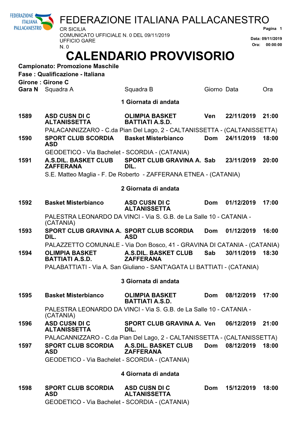 CALENDARIO PROVVISORIO Campionato: Promozione Maschile Fase : Qualificazione - Italiana Girone : Girone C Gara N Squadra a Squadra B Giorno Data Ora