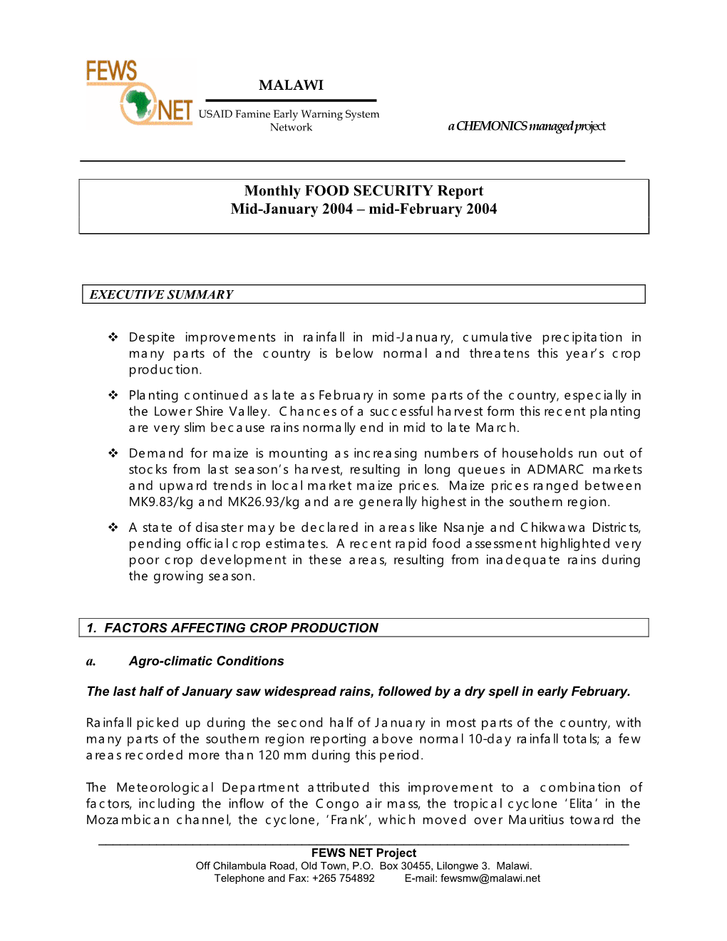 Monthly FOOD SECURITY Report Mid-January 2004 – Mid-February 2004