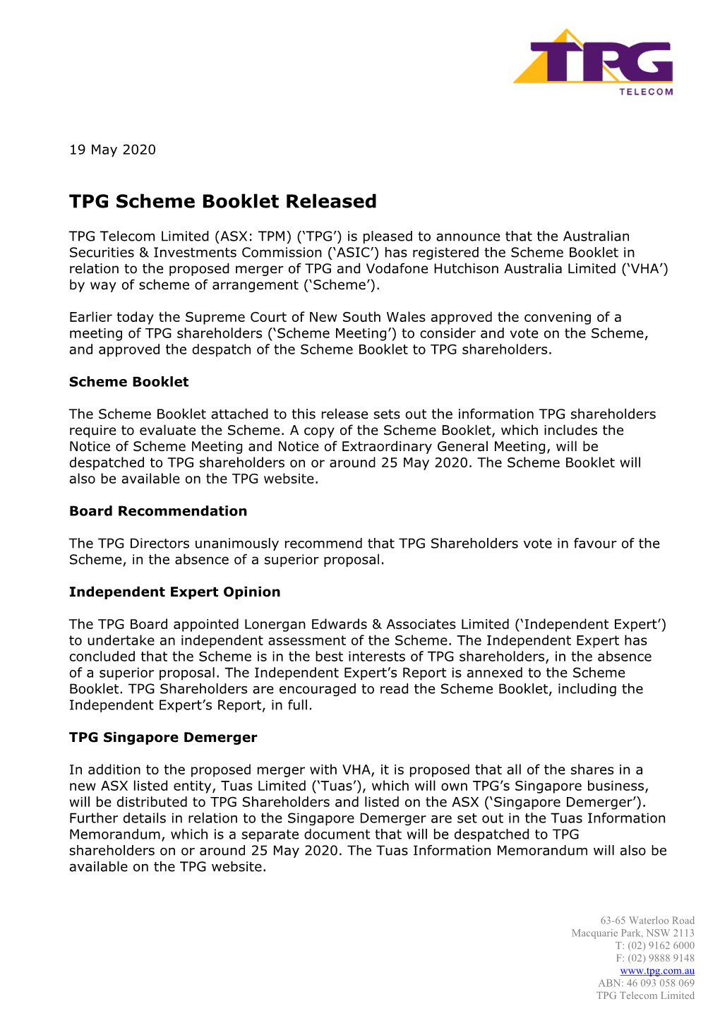 TPG Scheme Booklet Released