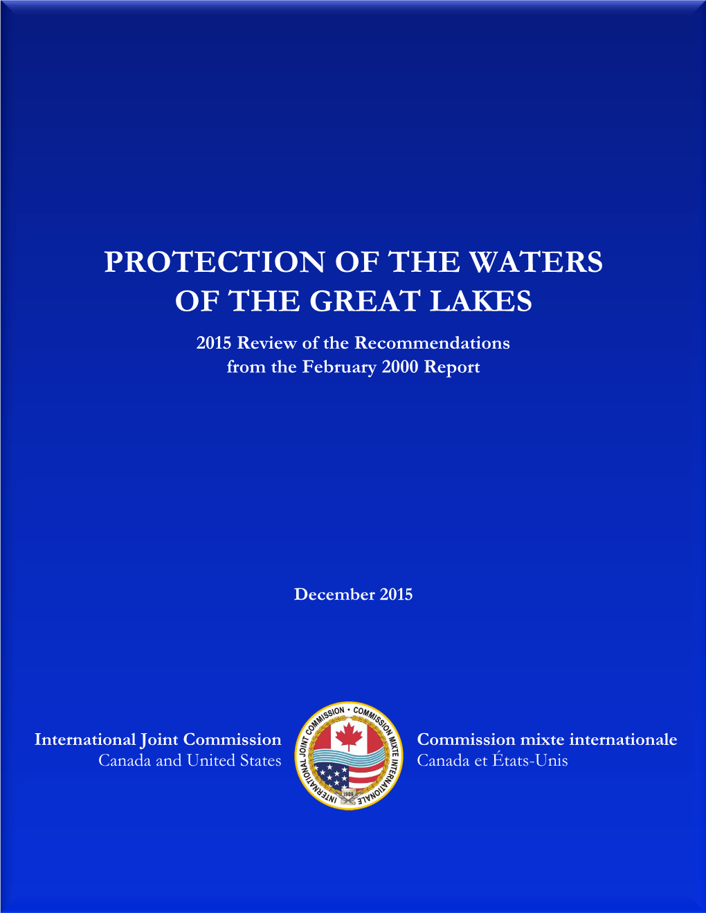 PROTECTION of the WATERS of the GREAT LAKES 2015 Review of the Recommendations from the February 2000 Report