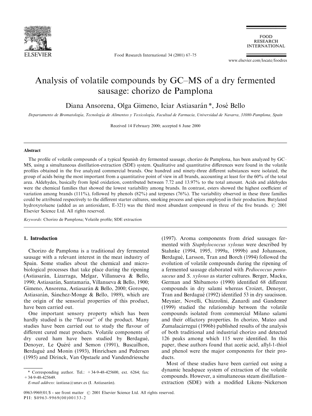 Analysis of Volatile Compounds by GC±MS of a Dry Fermented Sausage: Chorizo De Pamplona