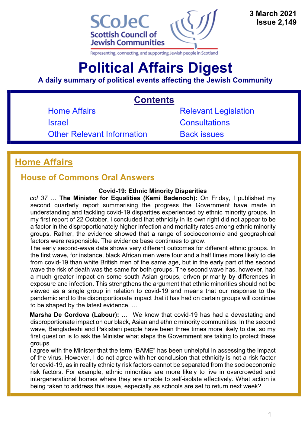 Political Affairs Digest a Daily Summary of Political Events Affecting the Jewish Community