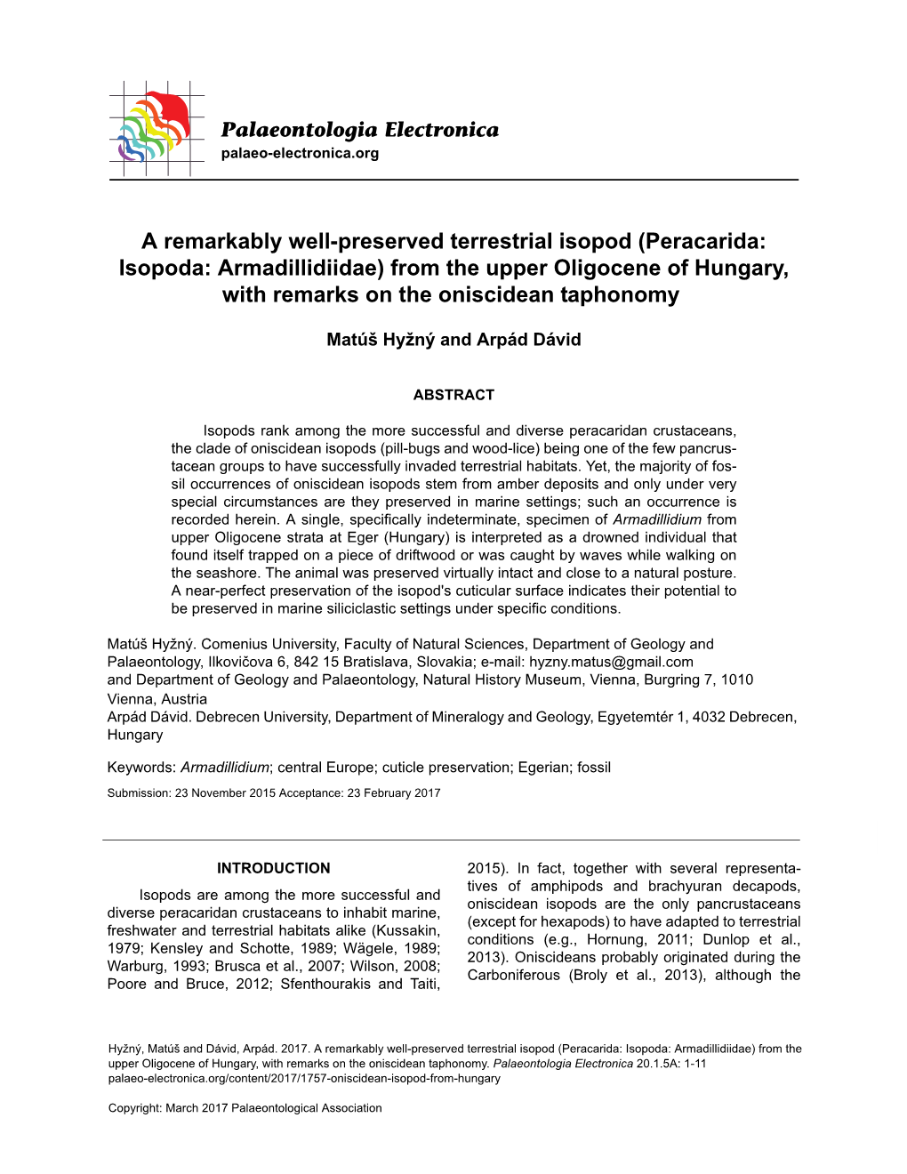 A Remarkably Well-Preserved Terrestrial Isopod (Peracarida: Isopoda: Armadillidiidae) from the Upper Oligocene of Hungary, with Remarks on the Oniscidean Taphonomy