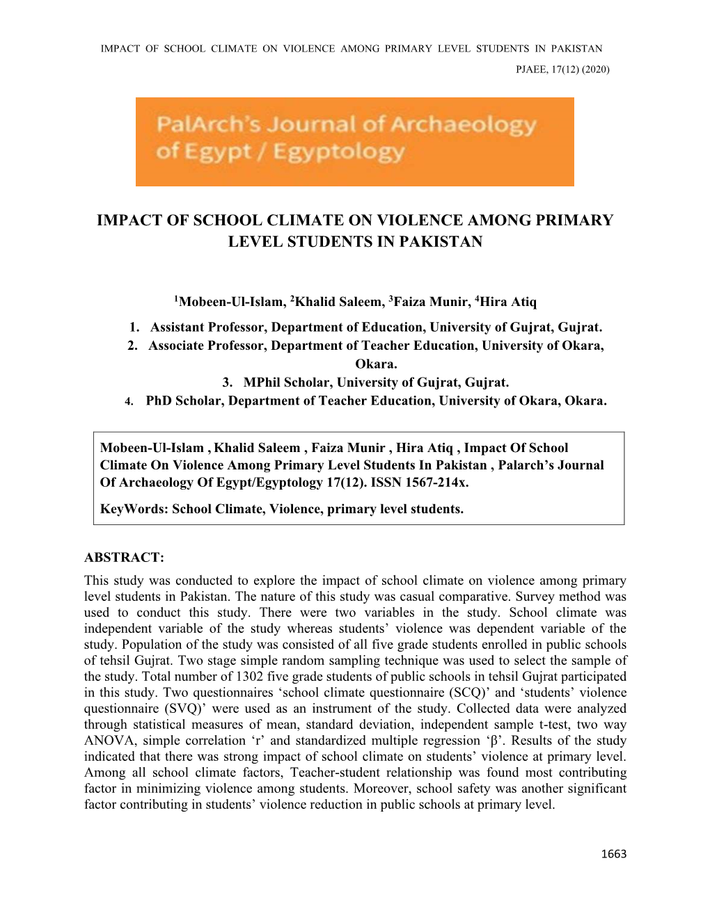 Impact of School Climate on Violence Among Primary Level Students in Pakistan Pjaee, 17(12) (2020)