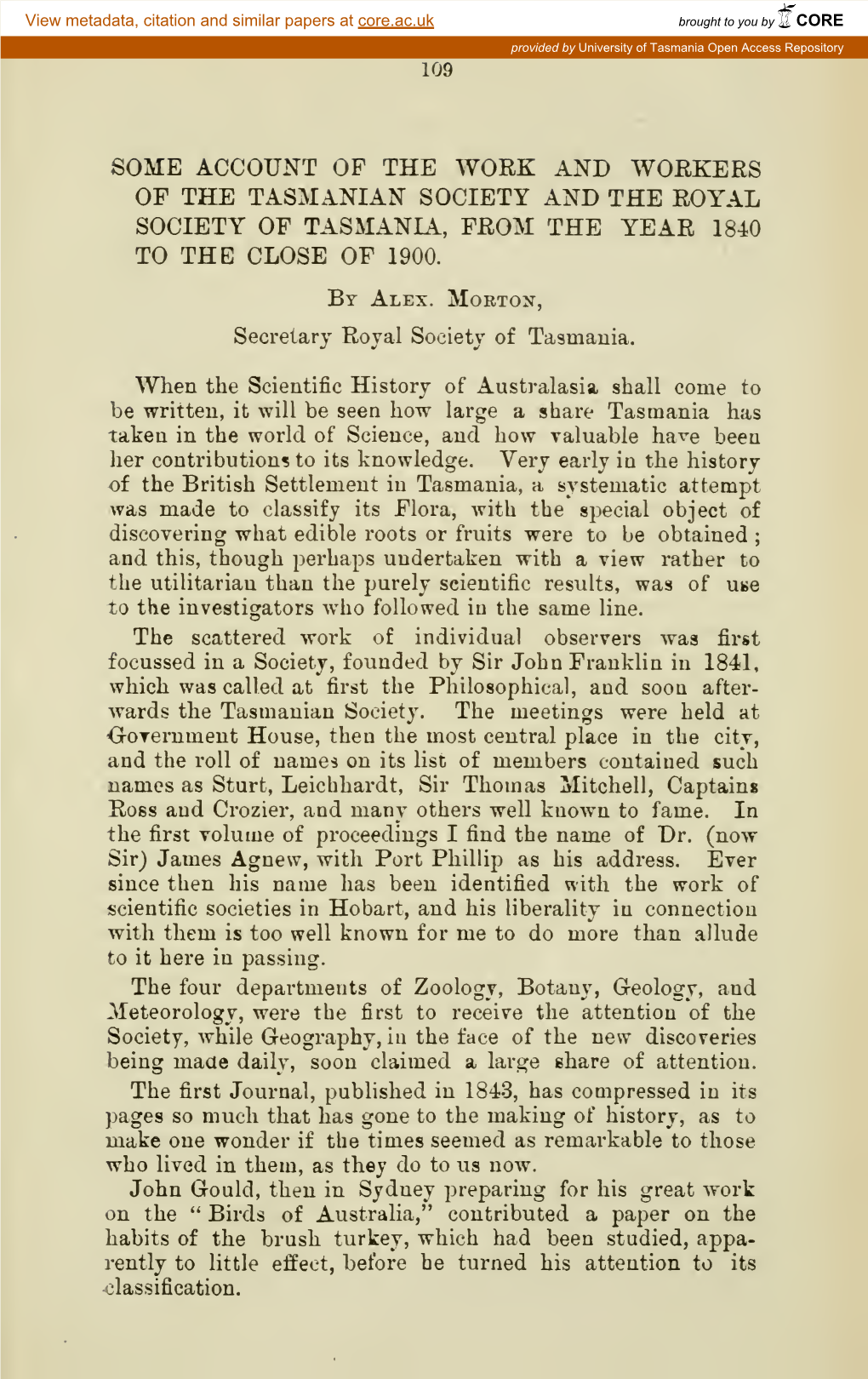 Some Account of the Work and Workers of the Tasmanian Society and the Royal Society of Tasmanla, from the Year 1840 to the Close