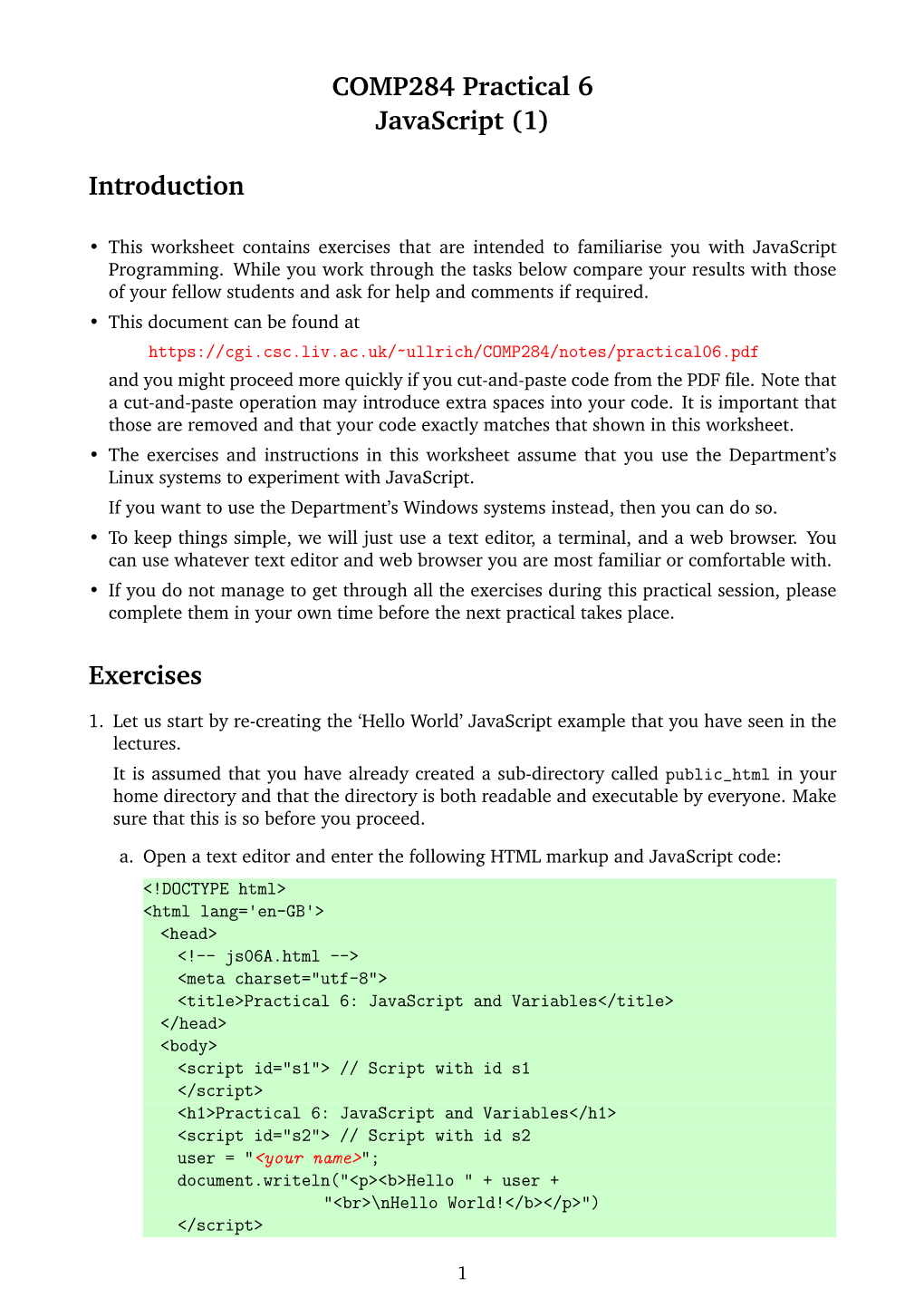 COMP284 Practical 6 Javascript (1) Introduction Exercises