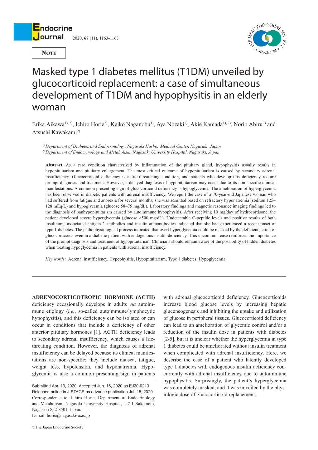 Masked Type 1 Diabetes Mellitus (T1DM) Unveiled by Glucocorticoid Replacement: a Case of Simultaneous Development of T1DM and Hypophysitis in an Elderly Woman