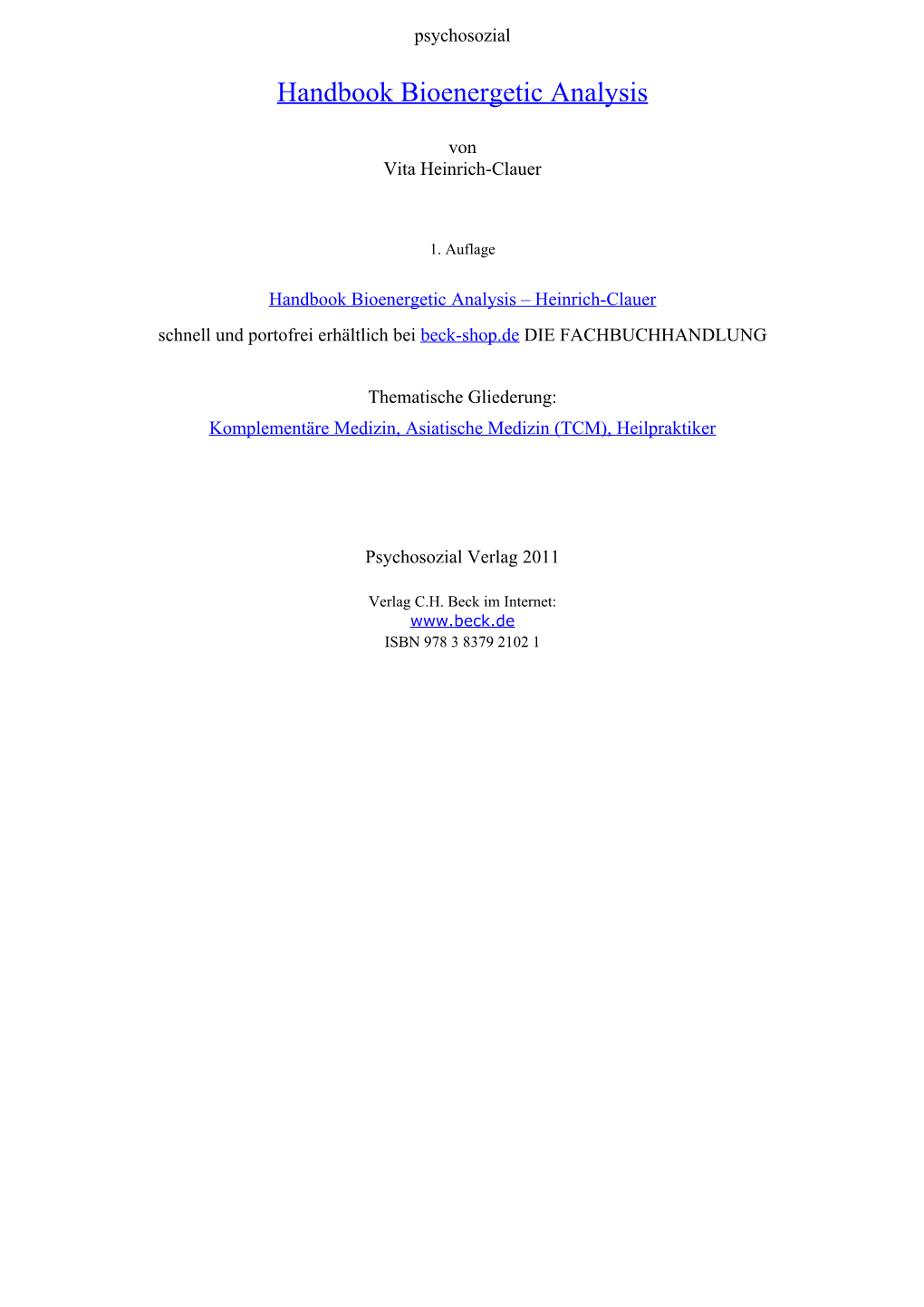 Handbook Bioenergetic Analysis