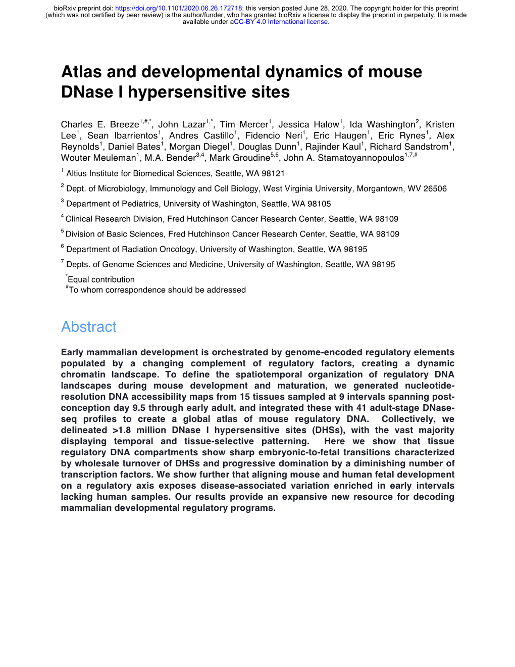 Atlas and Developmental Dynamics of Mouse Dnase I Hypersensitive Sites