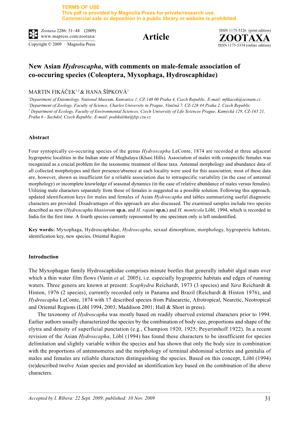 Zootaxa, New Asian Hydroscapha, with Comments on Male-Female