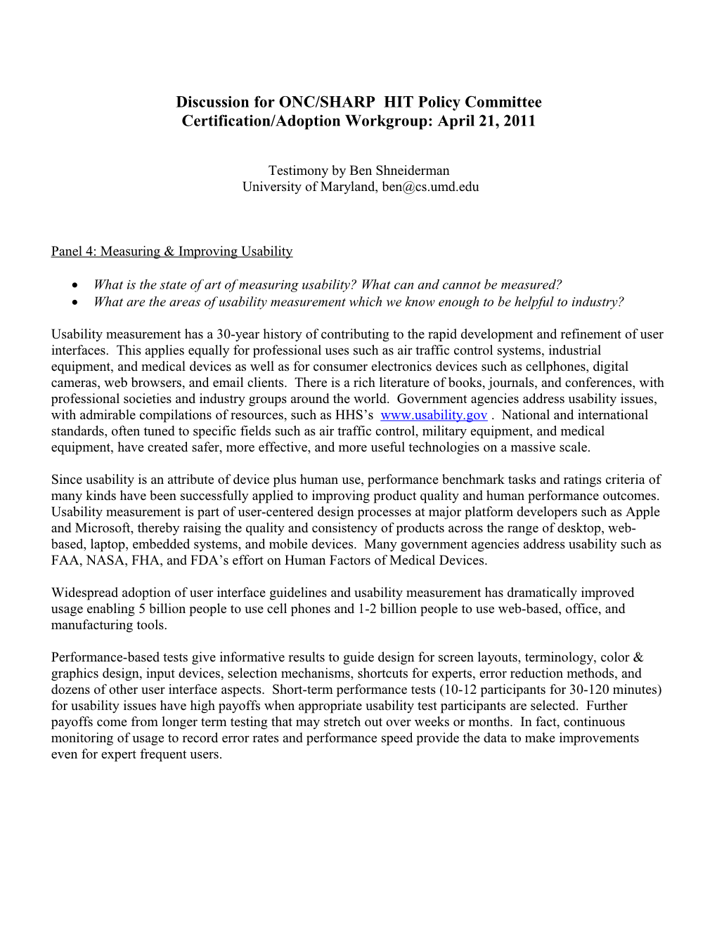 Discussion for ONC/SHARP HIT Policy Committee Certification/Adoption Workgroup: April 21, 2011