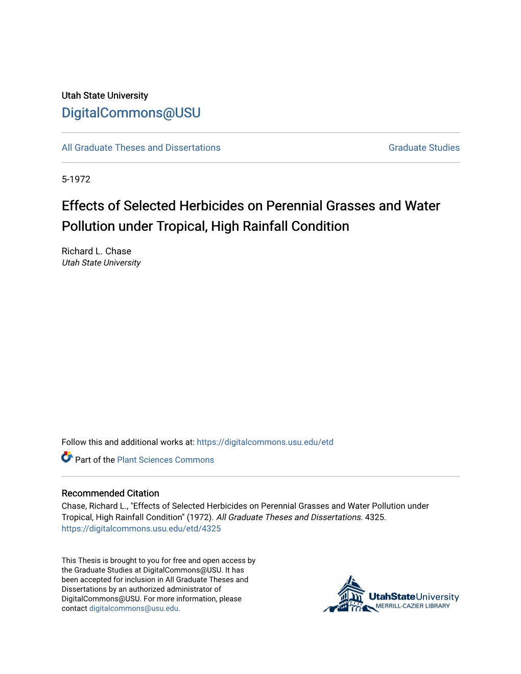 Effects of Selected Herbicides on Perennial Grasses and Water Pollution Under Tropical, High Rainfall Condition