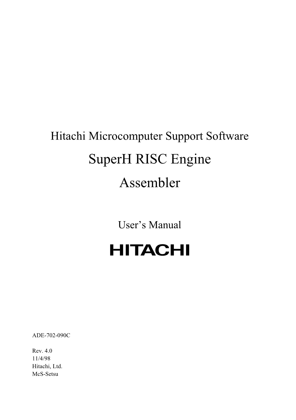 Hitachi Microcomputer Support Software Superh RISC Engine Assembler