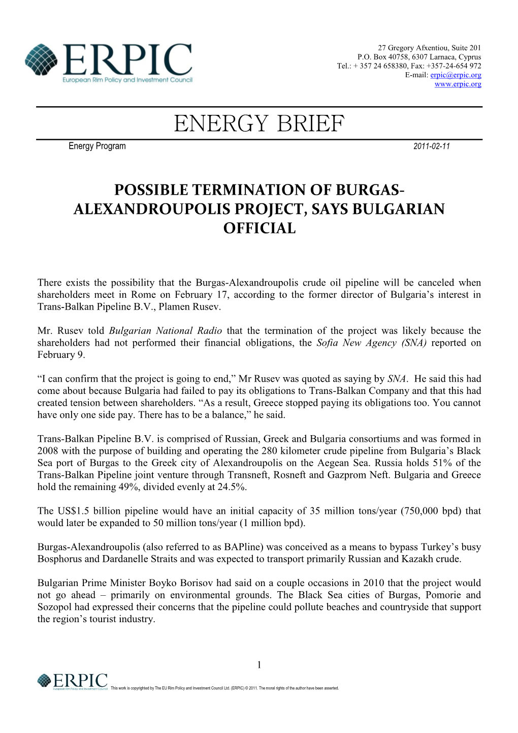 Possible Termination of Burgas-Alexadroupolis Project, Says Bulgarian Official