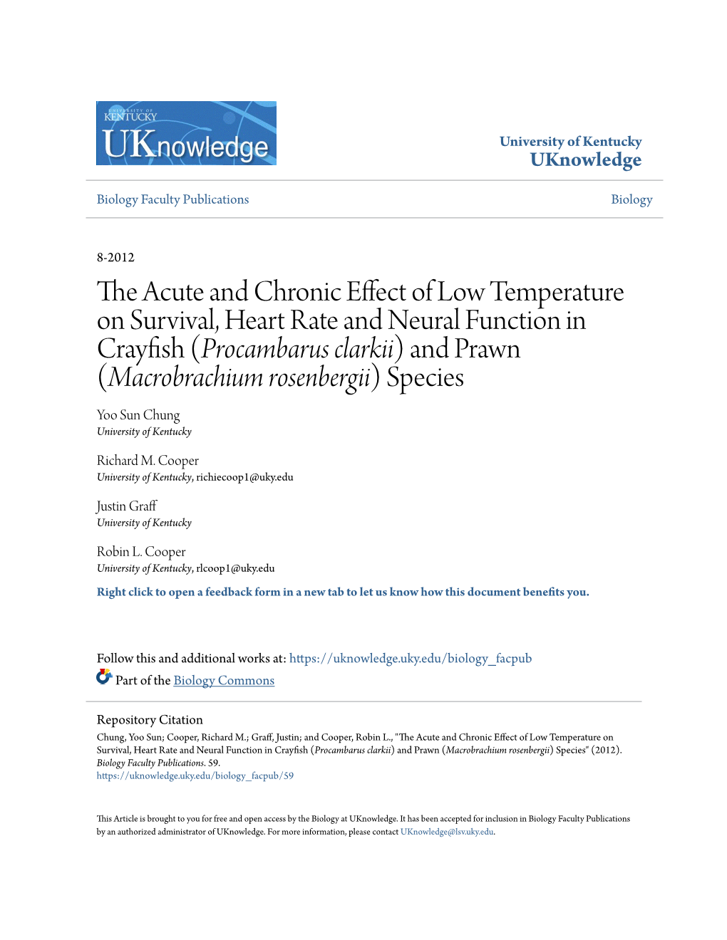 The Acute and Chronic Effect of Low Temperature on Survival, Heart Rate and Neural Function in Crayfish