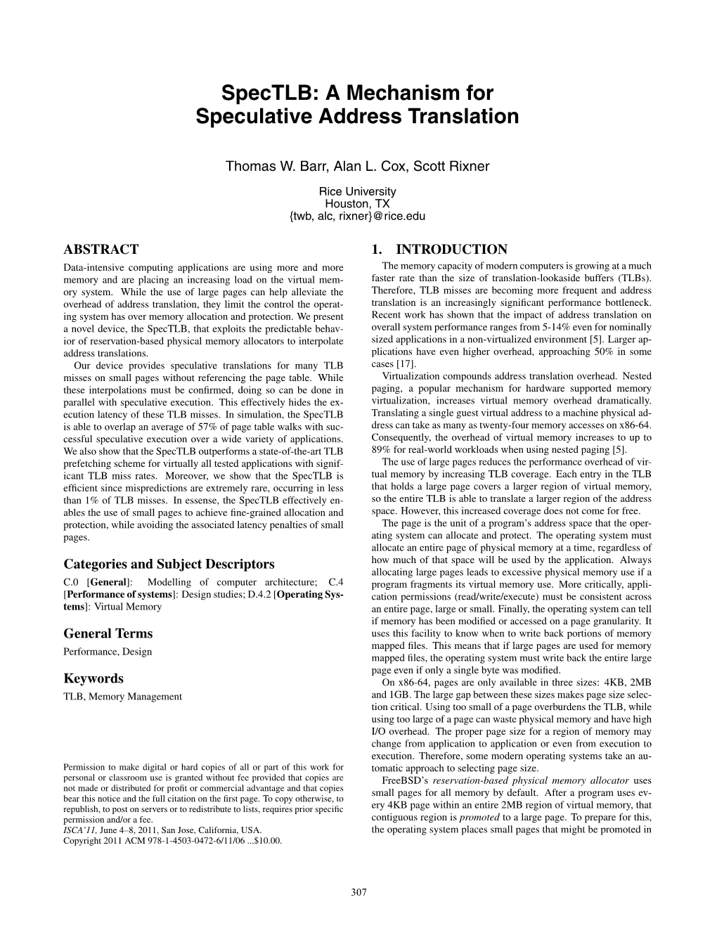 Spectlb: a Mechanism for Speculative Address Translation