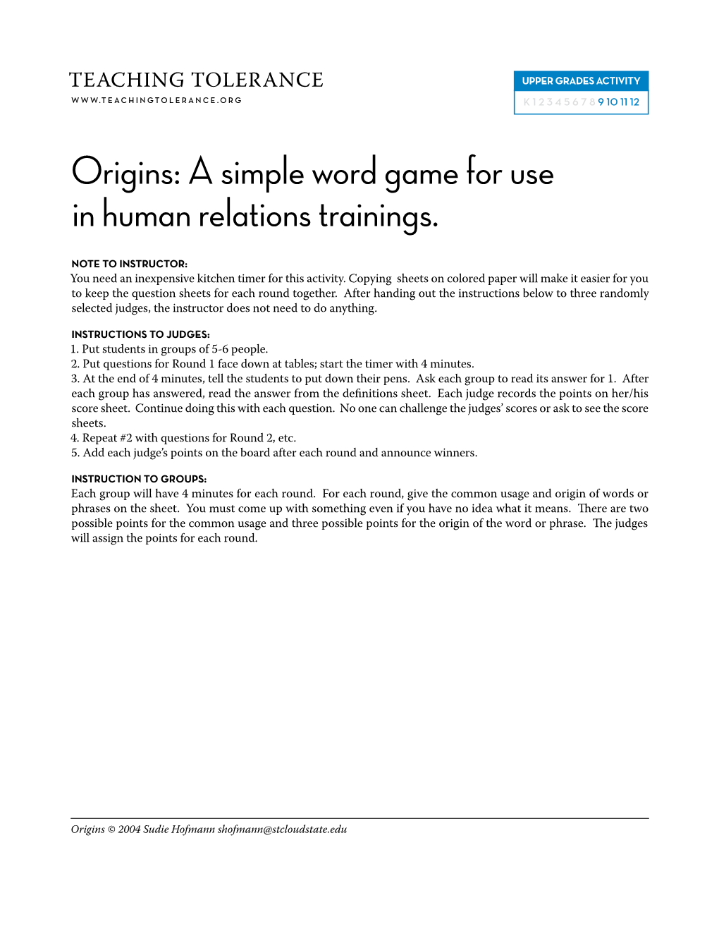 Origins: a Simple Word Game for Use in Human Relations Trainings